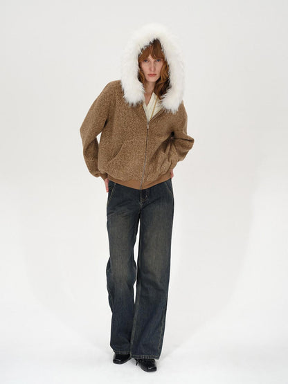 AFTADAWN Textured Woven Detachable Fur Collar Zipper Women&