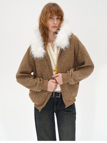 AFTADAWN Textured Woven Detachable Fur Collar Zipper Women&