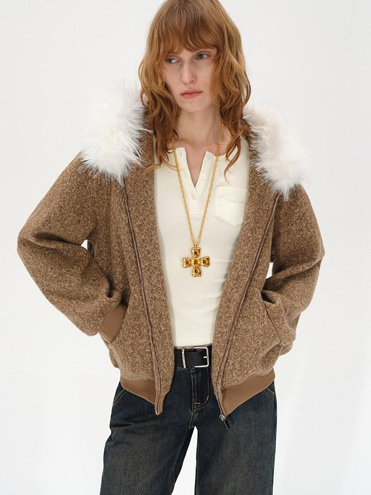 AFTADAWN Textured Woven Detachable Fur Collar Zipper Women&