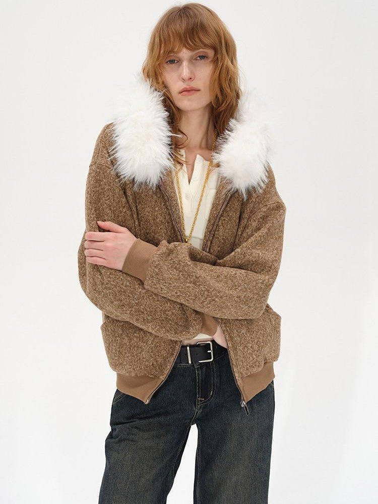 AFTADAWN Textured Woven Detachable Fur Collar Zipper Women&