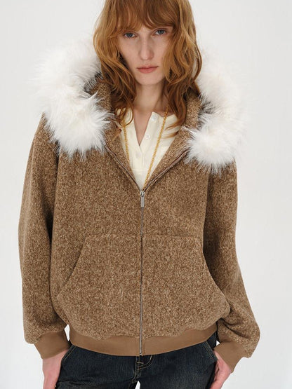 AFTADAWN Textured Woven Detachable Fur Collar Zipper Women&