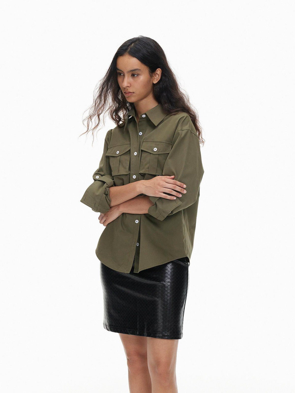AFTADAWN Textured Woven Pu Leather Back Slit Women&