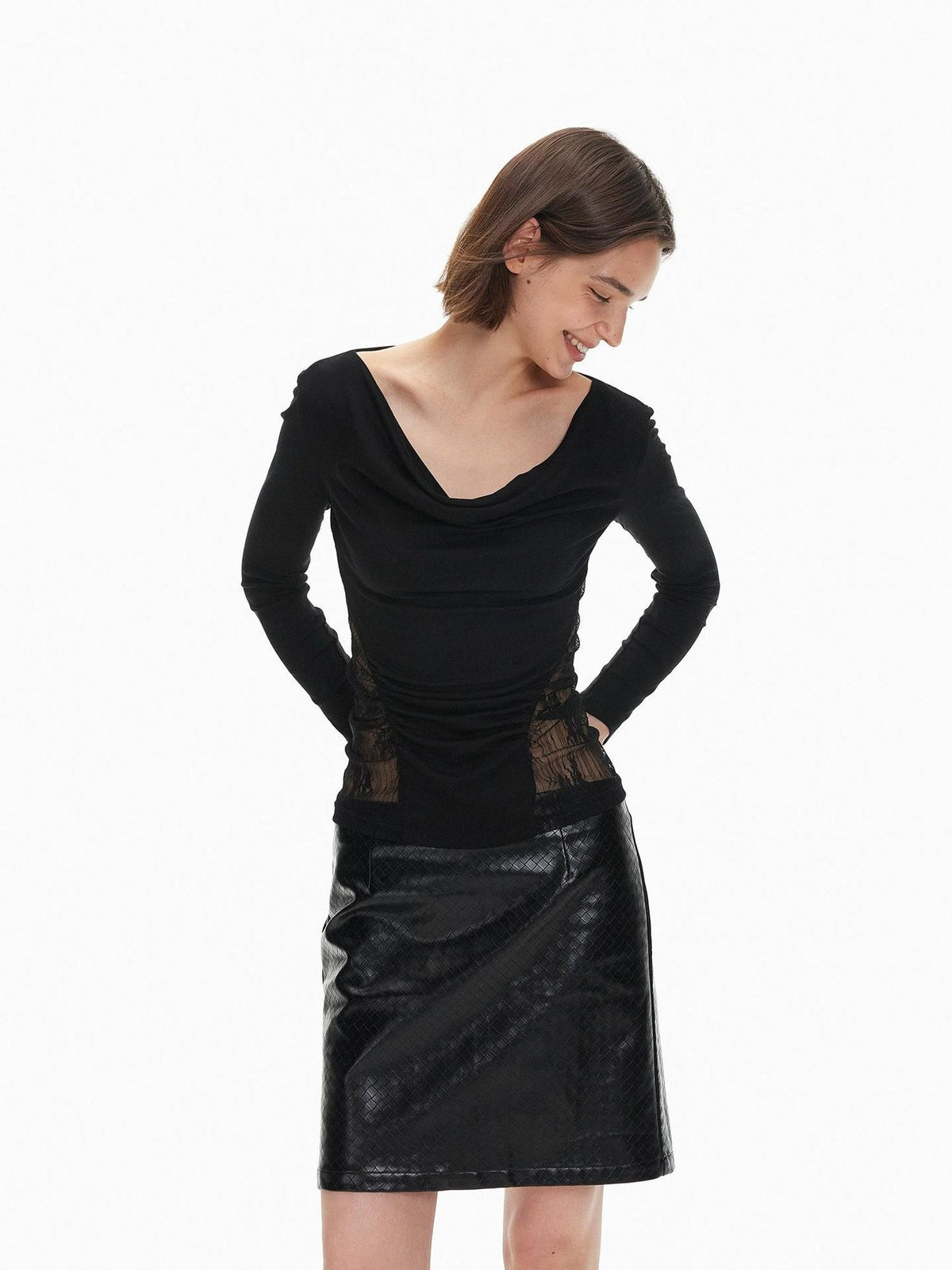 AFTADAWN Textured Woven Pu Leather Back Slit Women&