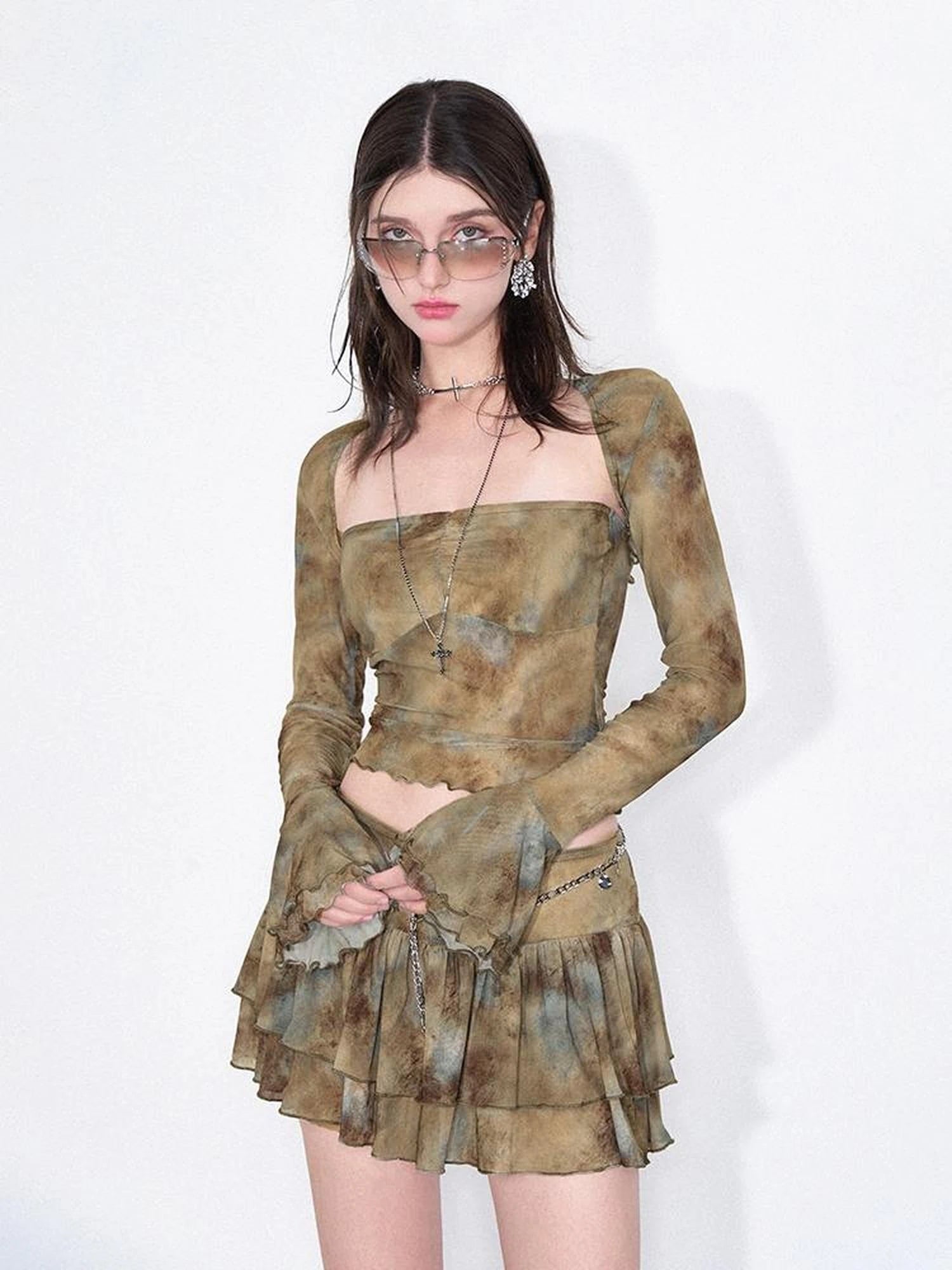 Tie Dye Sheer Mesh Top Flounced Hem Skirt Set