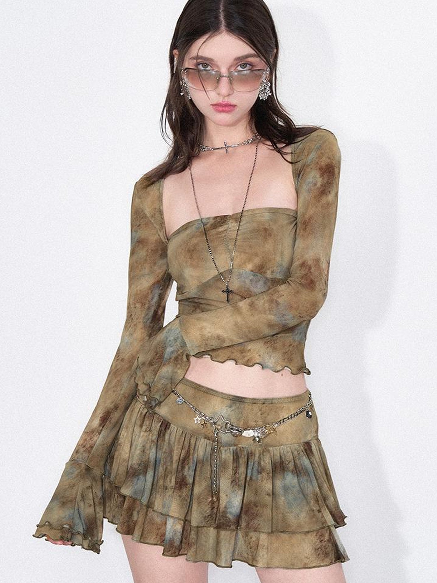 AFTADAWN Tie Dye Sheer Mesh Top Flounced Hem Skirt Set
