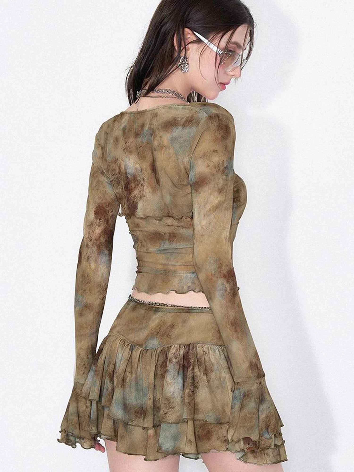 Tie Dye Sheer Mesh Top Flounced Hem Skirt Set