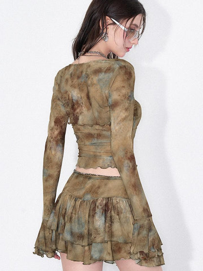 AFTADAWN Tie Dye Sheer Mesh Top Flounced Hem Skirt Set