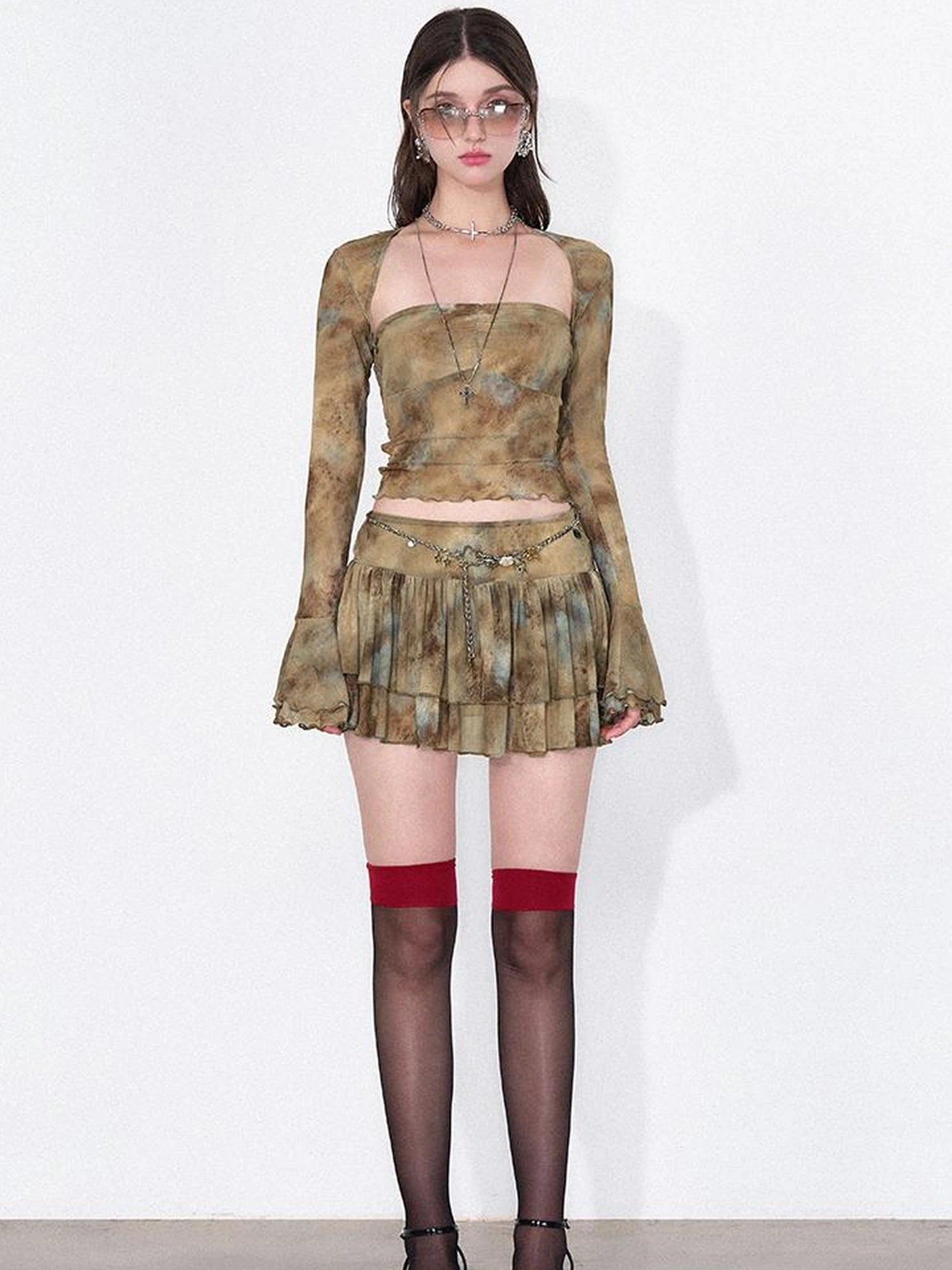 Tie Dye Sheer Mesh Top Flounced Hem Skirt Set