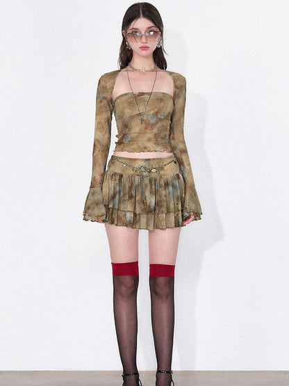 AFTADAWN Tie Dye Sheer Mesh Top Flounced Hem Skirt Set