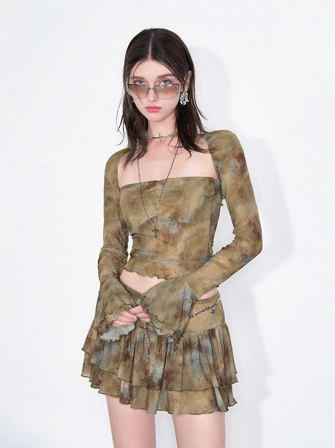 AFTADAWN Tie Dye Sheer Mesh Top Flounced Hem Skirt Set