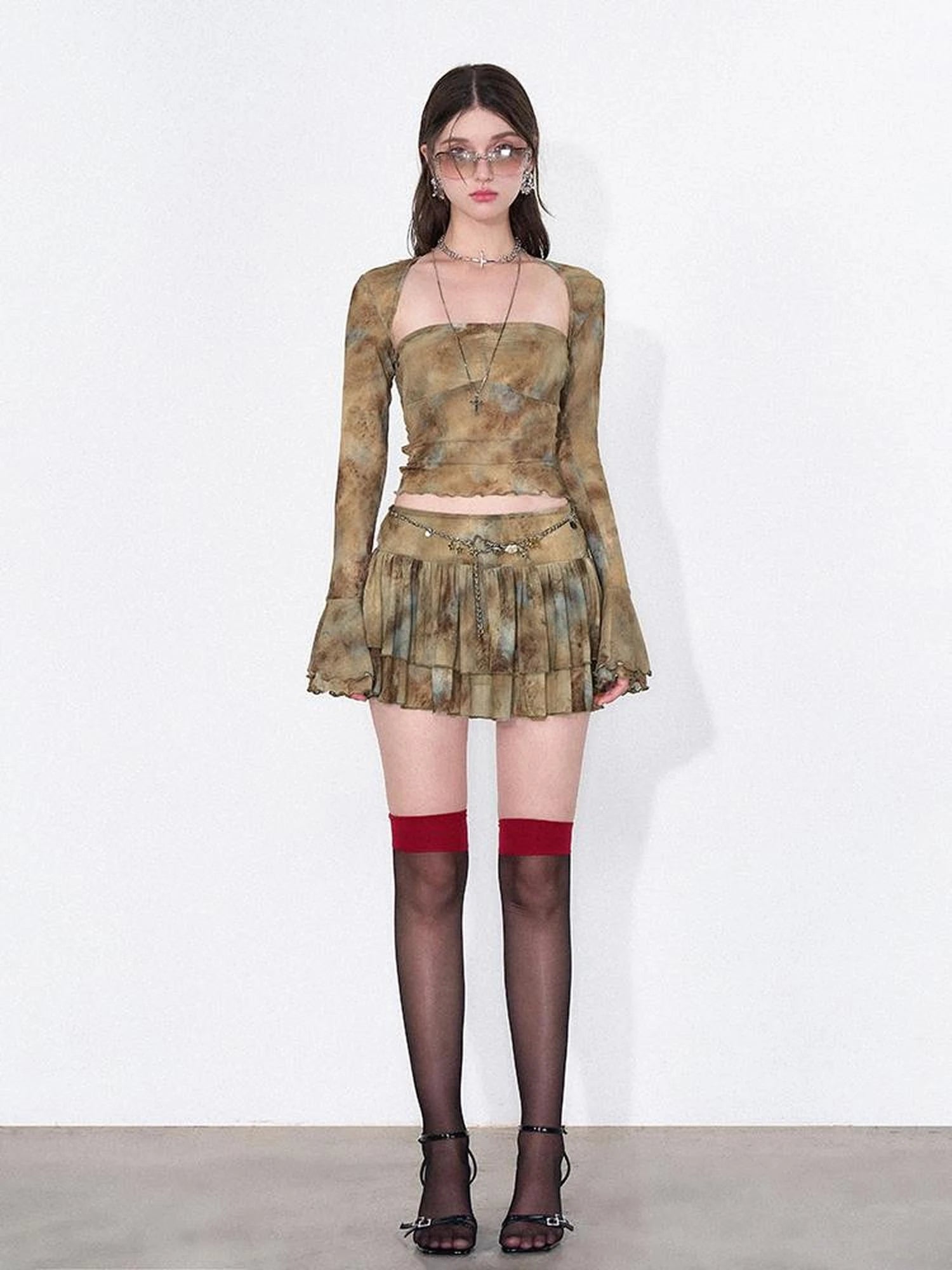 Tie Dye Sheer Mesh Top Flounced Hem Skirt Set