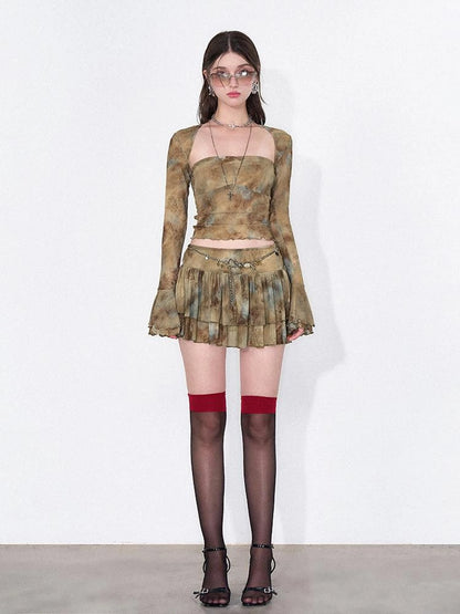 Tie Dye Sheer Mesh Top Flounced Hem Skirt Set