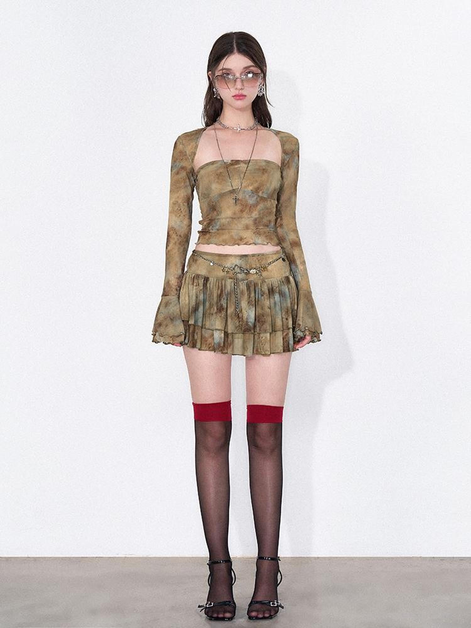 AFTADAWN Tie Dye Sheer Mesh Top Flounced Hem Skirt Set