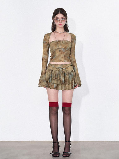 AFTADAWN Tie Dye Sheer Mesh Top Flounced Hem Skirt Set