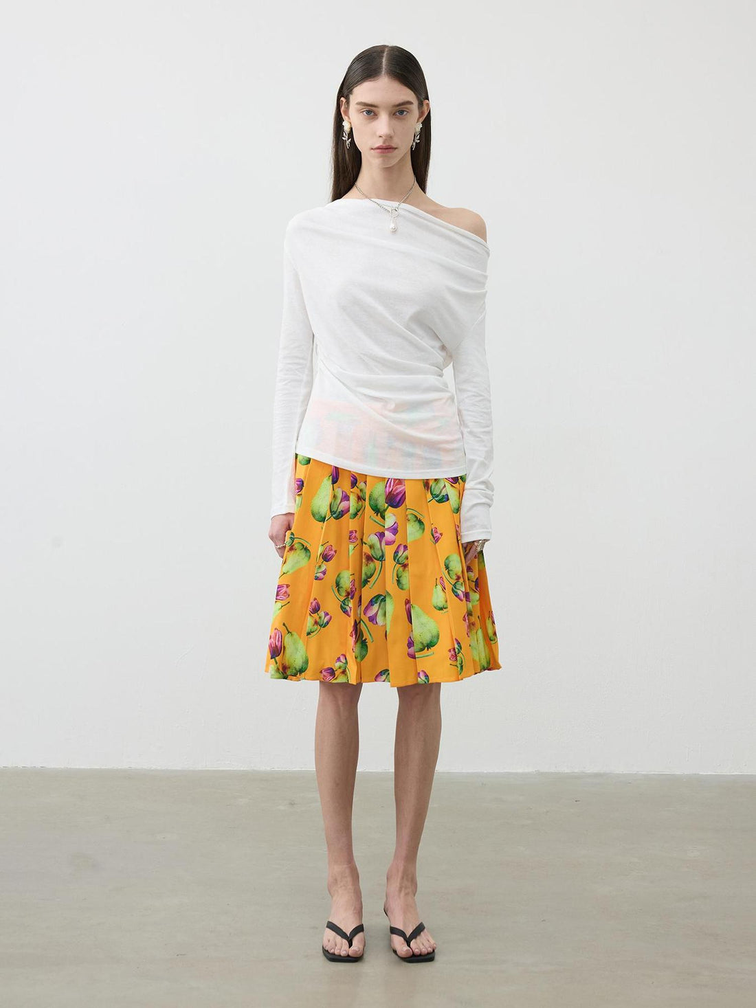 AFTADAWN Tropical Orange Print Heavy Pleated A Line Midi Skirt