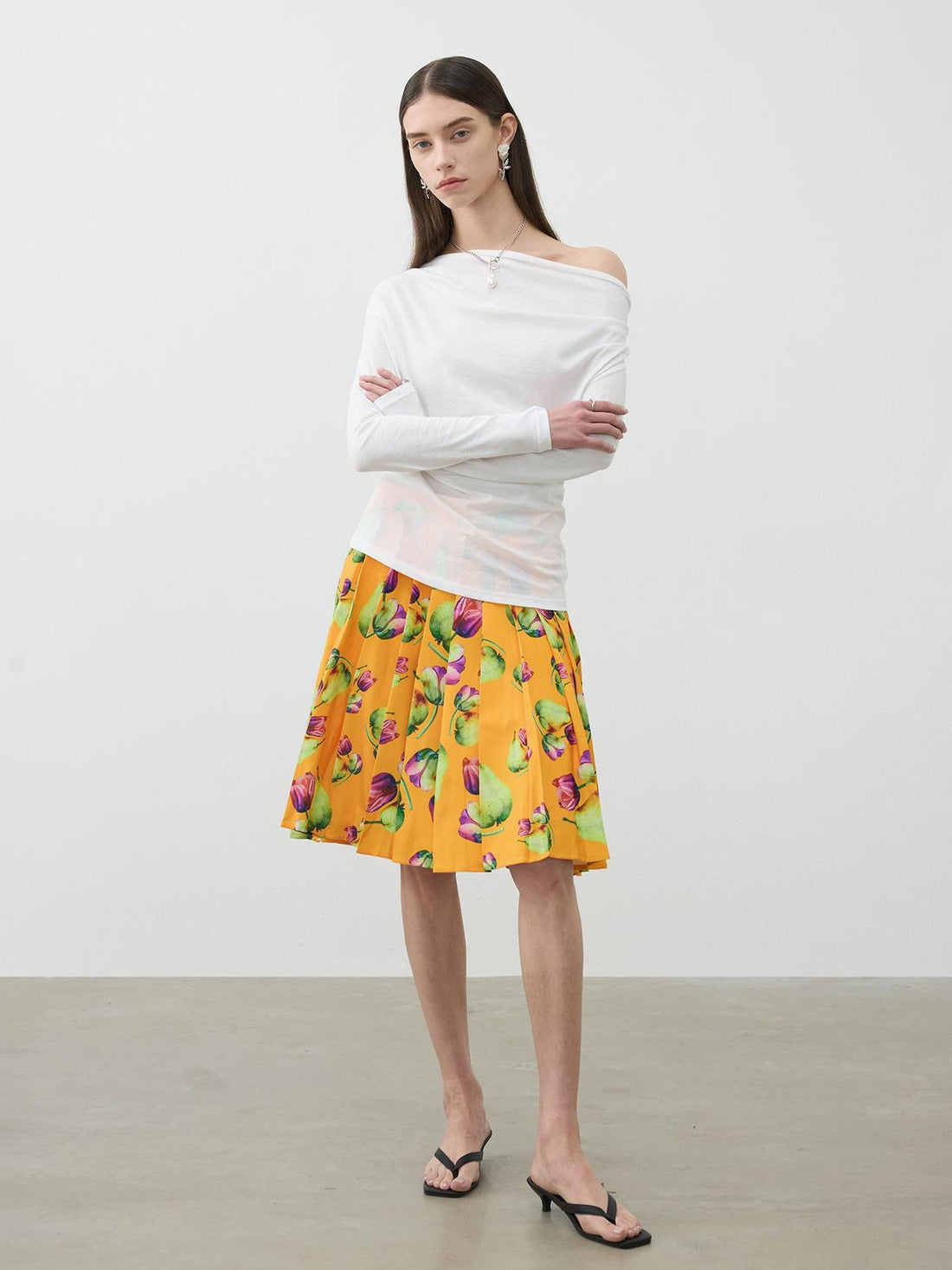 AFTADAWN Tropical Orange Print Heavy Pleated A Line Midi Skirt