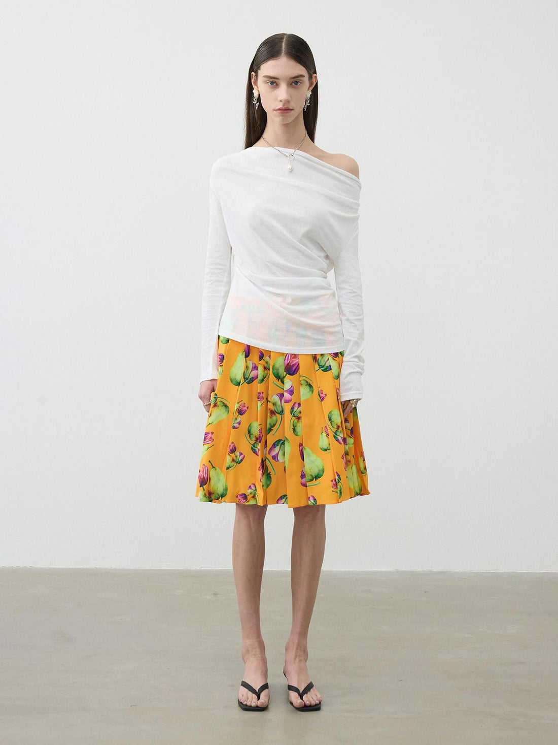 AFTADAWN Tropical Orange Printed Pleated A Line High Waist Women&