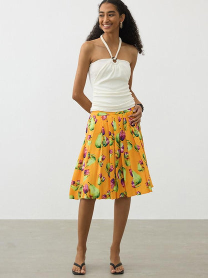 AFTADAWN Tropical Orange Printed Pleated A Line High Waist Women&