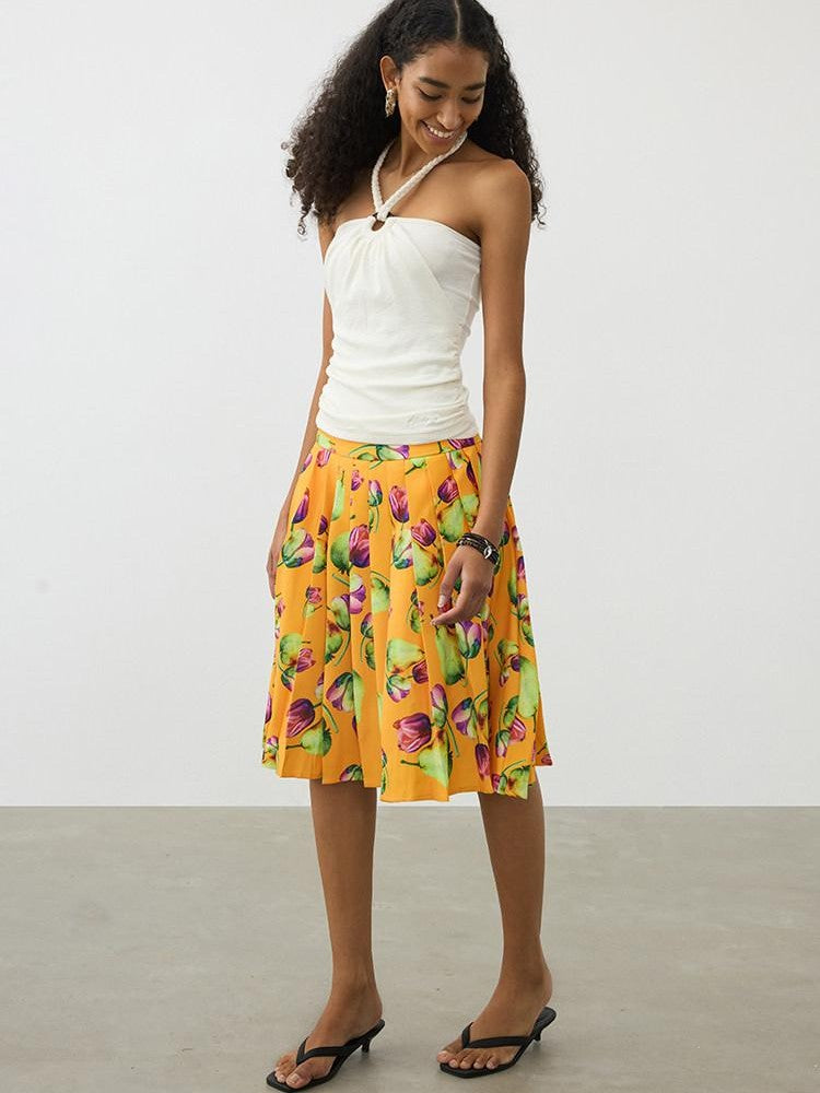 AFTADAWN Tropical Orange Printed Pleated A Line High Waist Women&