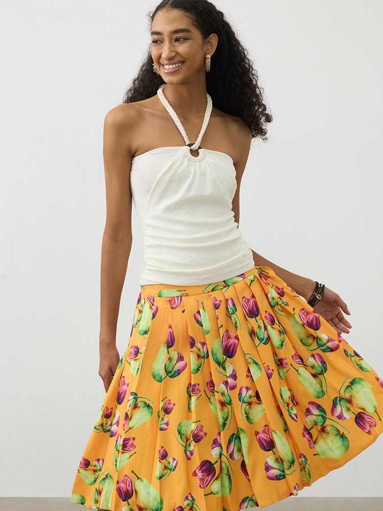 AFTADAWN Tropical Orange Printed Pleated A Line High Waist Women&