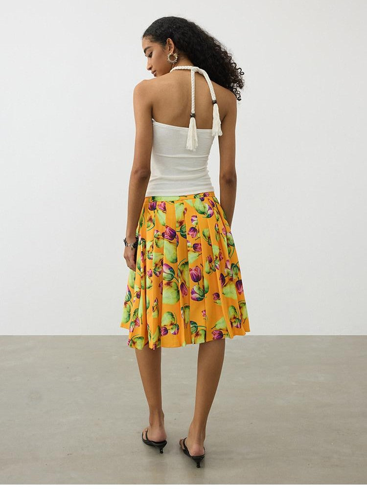 AFTADAWN Tropical Orange Printed Pleated A Line High Waist Women&