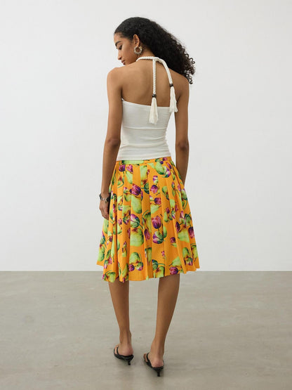AFTADAWN Tropical Orange Printed Pleated A Line High Waist Women&