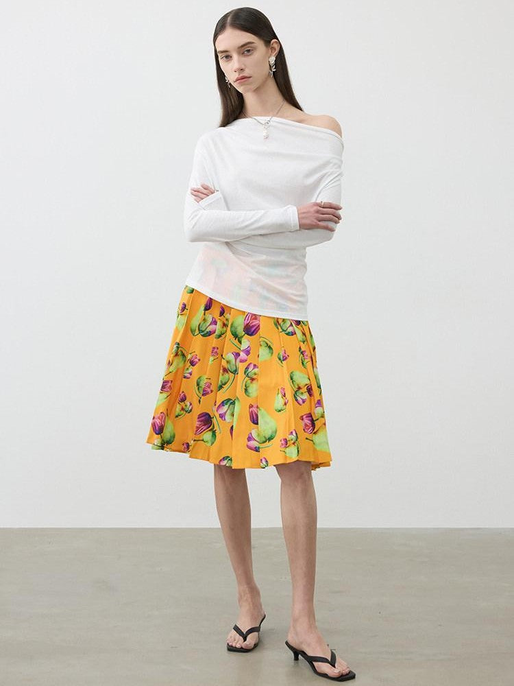 AFTADAWN Tropical Orange Printed Pleated A Line High Waist Women&
