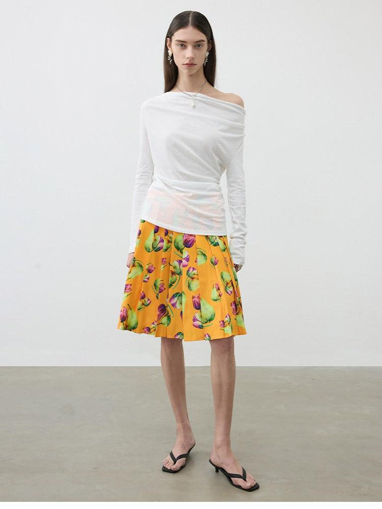 AFTADAWN Tropical Orange Printed Pleated A Line High Waist Women&