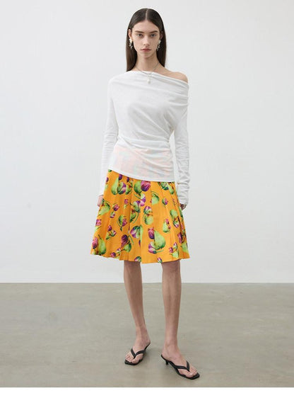 AFTADAWN Tropical Orange Printed Pleated A Line High Waist Women&