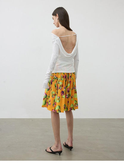 AFTADAWN Tropical Orange Printed Pleated A Line High Waist Women&