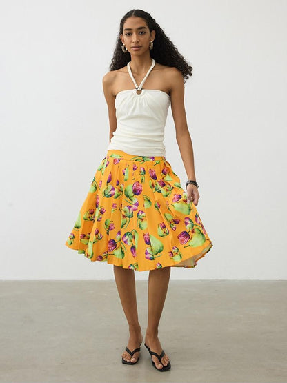 AFTADAWN Tropical Orange Printed Pleated A Line High Waist Women&