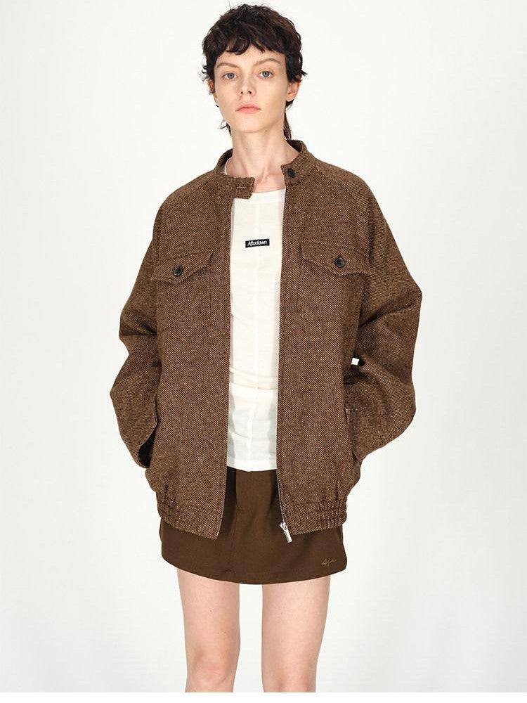 AFTADAWN Tweed Stand Collar Zipper Pocket Boxy Women&