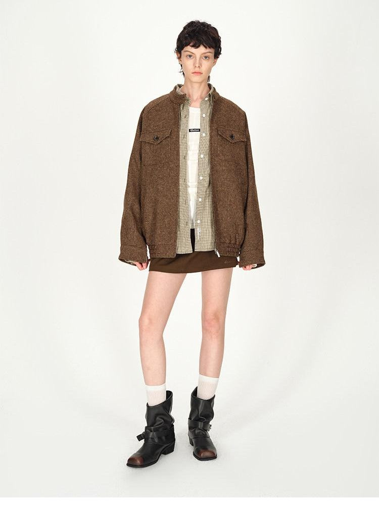 AFTADAWN Tweed Stand Collar Zipper Pocket Boxy Women&