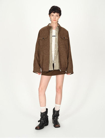 AFTADAWN Tweed Stand Collar Zipper Pocket Boxy Women&