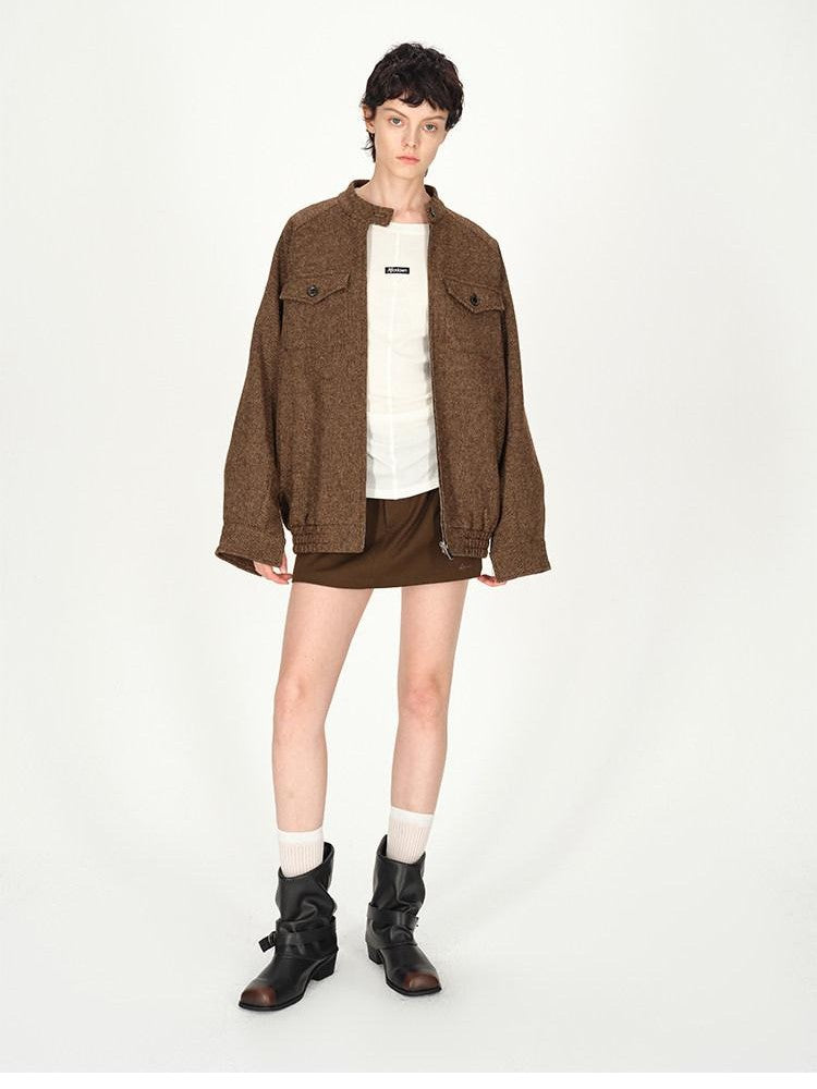 AFTADAWN Tweed Stand Collar Zipper Pocket Boxy Women&