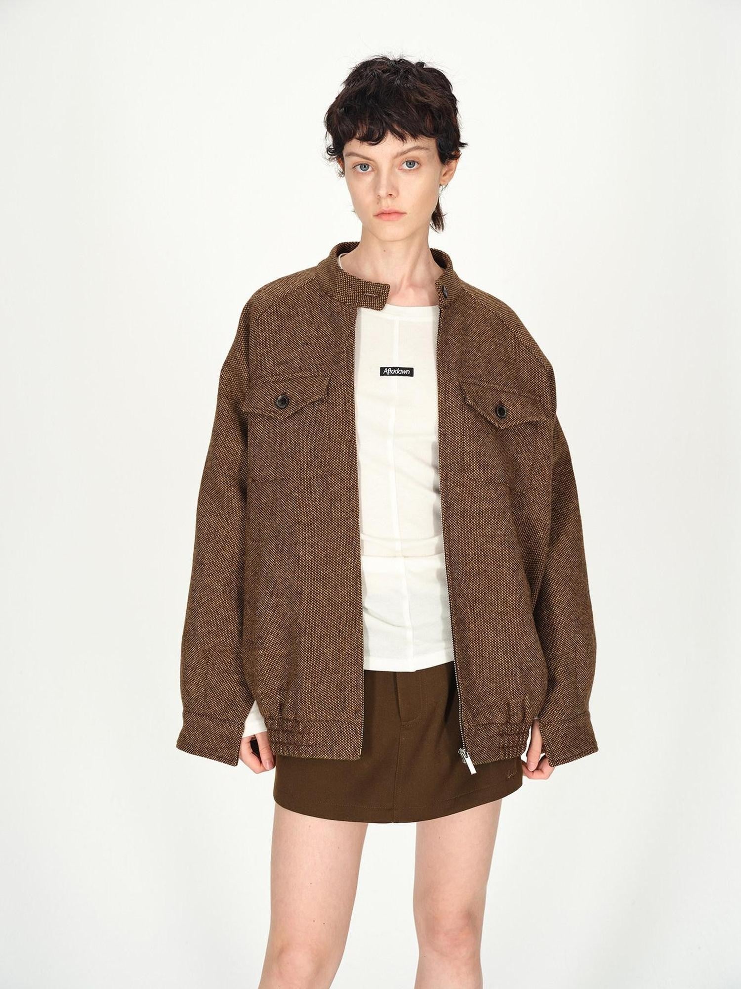 AFTADAWN Tweed Stand Collar Zipper Pocket Boxy Women&