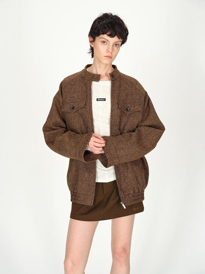 AFTADAWN Tweed Stand Collar Zipper Pocket Boxy Women&