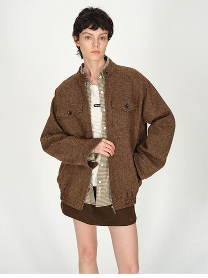 AFTADAWN Tweed Stand Collar Zipper Pocket Boxy Women&