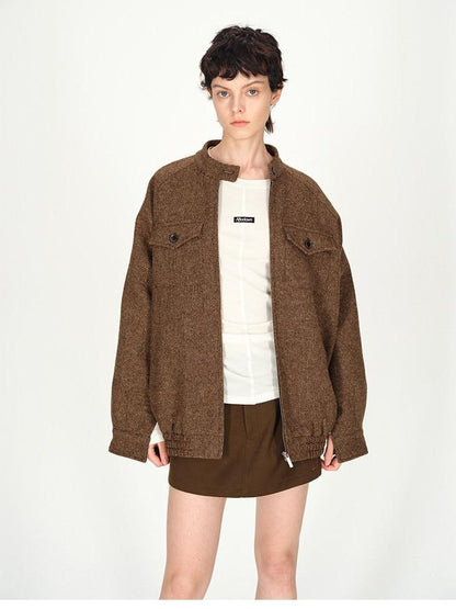 AFTADAWN Tweed Stand Collar Zipper Pocket Boxy Women&