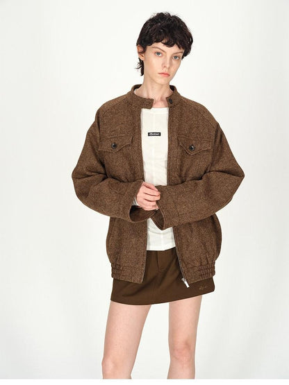 AFTADAWN Tweed Stand Collar Zipper Pocket Boxy Women&