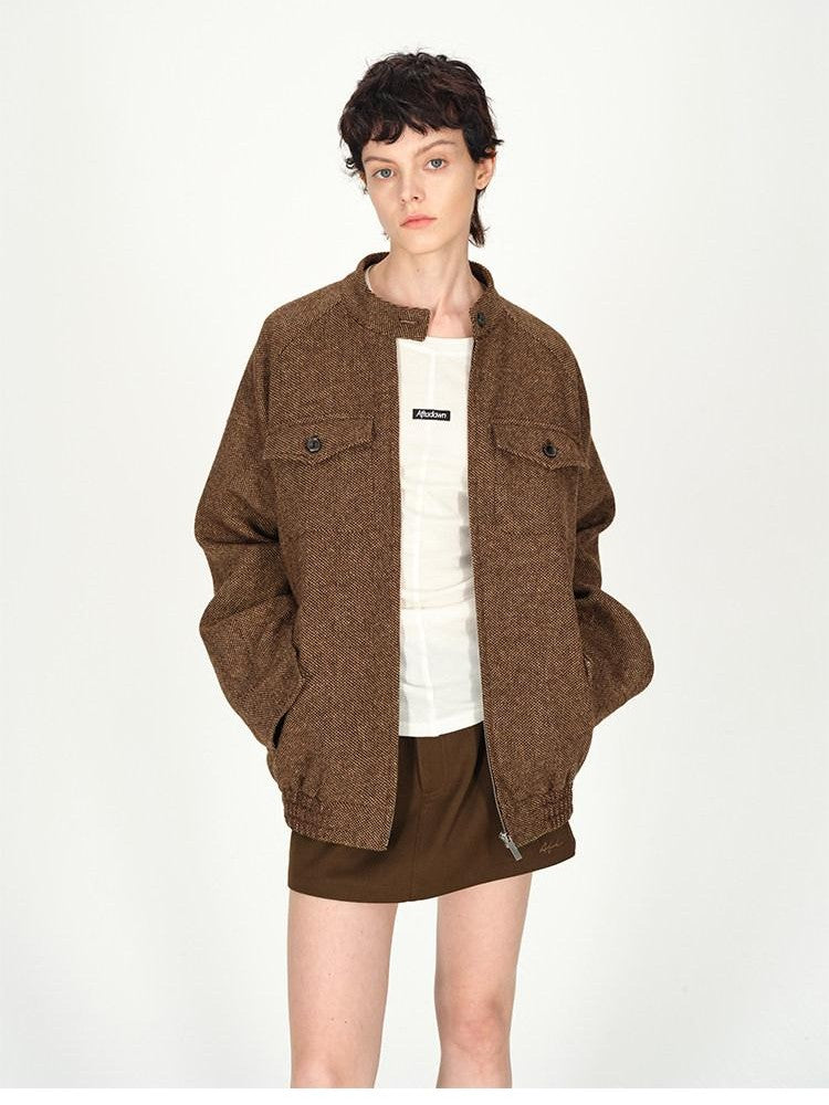 AFTADAWN Tweed Stand Collar Zipper Pocket Boxy Women&