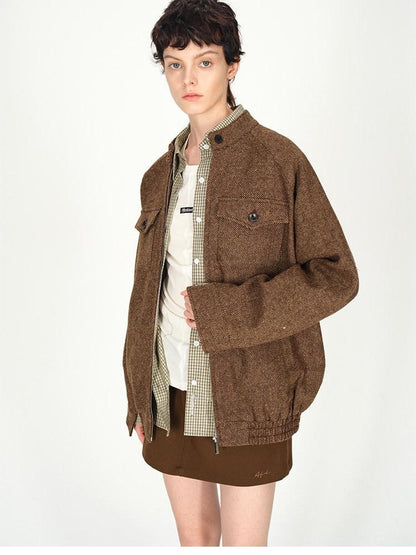 AFTADAWN Tweed Stand Collar Zipper Pocket Boxy Women&