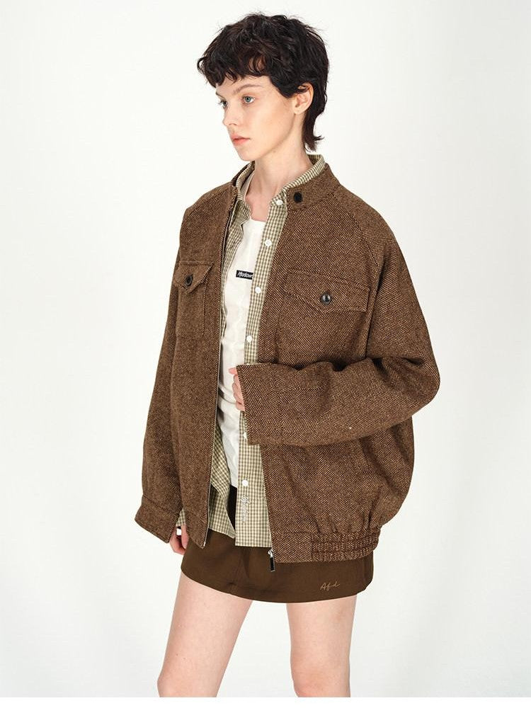 AFTADAWN Tweed Stand Collar Zipper Pocket Boxy Women&
