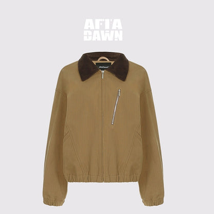 AFTADAWN_Twill_Texture_Patchwork_Colorblock_Lapel_Zip_Women&
