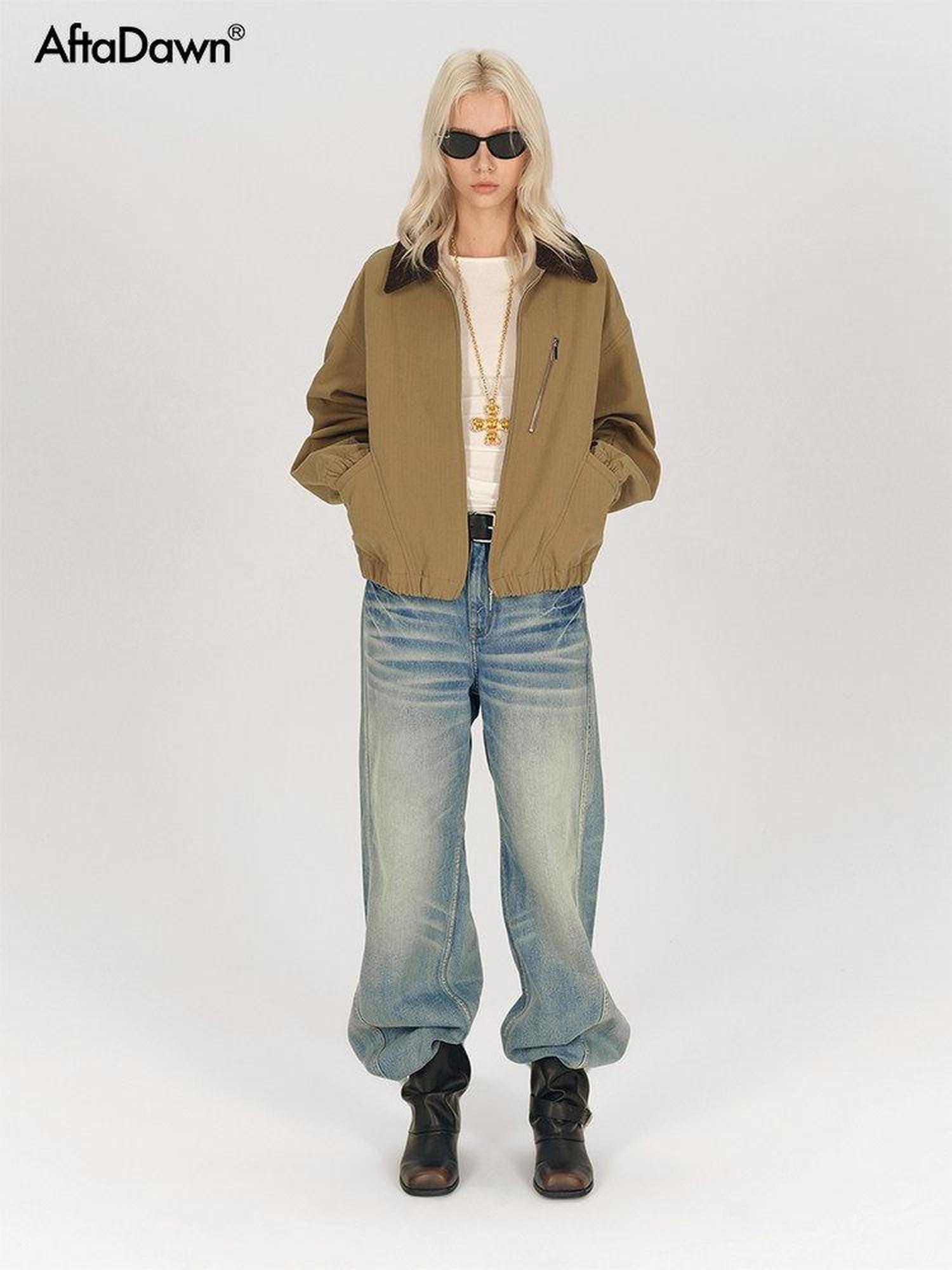 AFTADAWN Twill Texture Patchwork Colorblock Lapel Zip Women&