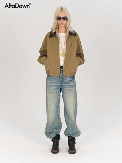 AFTADAWN Twill Texture Patchwork Colorblock Lapel Zip Women&