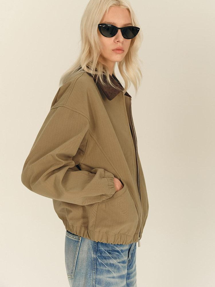 AFTADAWN Twill Texture Patchwork Colorblock Lapel Zip Women&