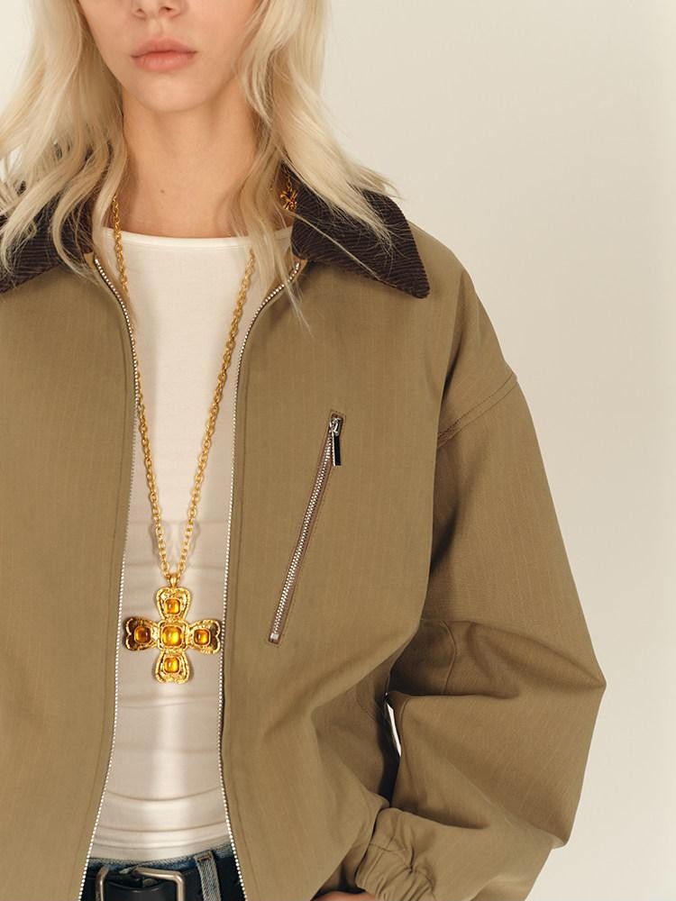 AFTADAWN Twill Texture Patchwork Colorblock Lapel Zip Women&