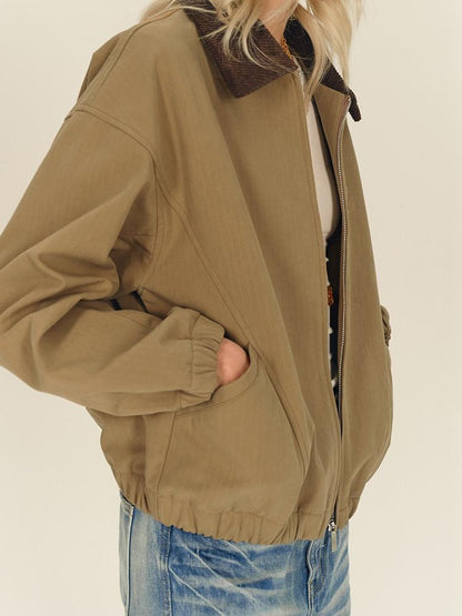 AFTADAWN Twill Texture Patchwork Colorblock Lapel Zip Women&