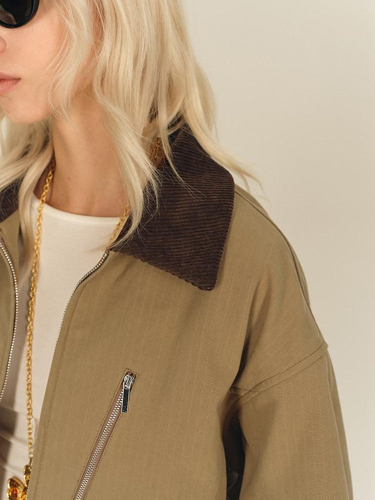 AFTADAWN Twill Texture Patchwork Colorblock Lapel Zip Women&